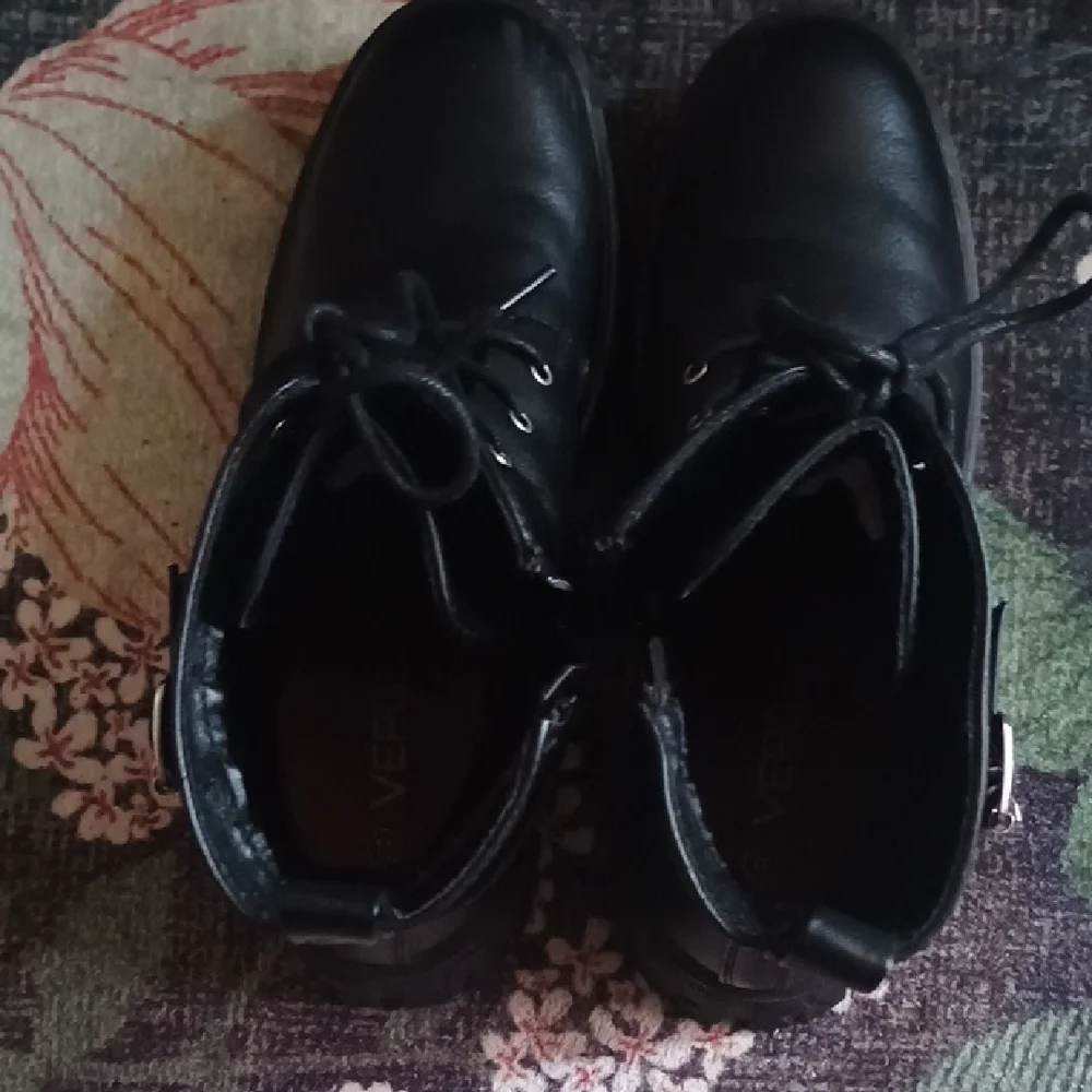 Black Combat Boots with Silver Buckle And Zipper Detail - Picture 2 of 7